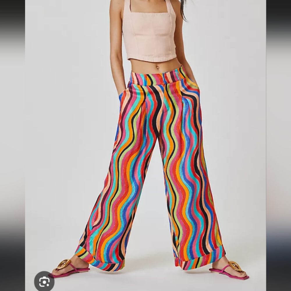 Farm Rio Anthropologie Colorful Wave Pattern Women's Wide Leg Pants Med Petite